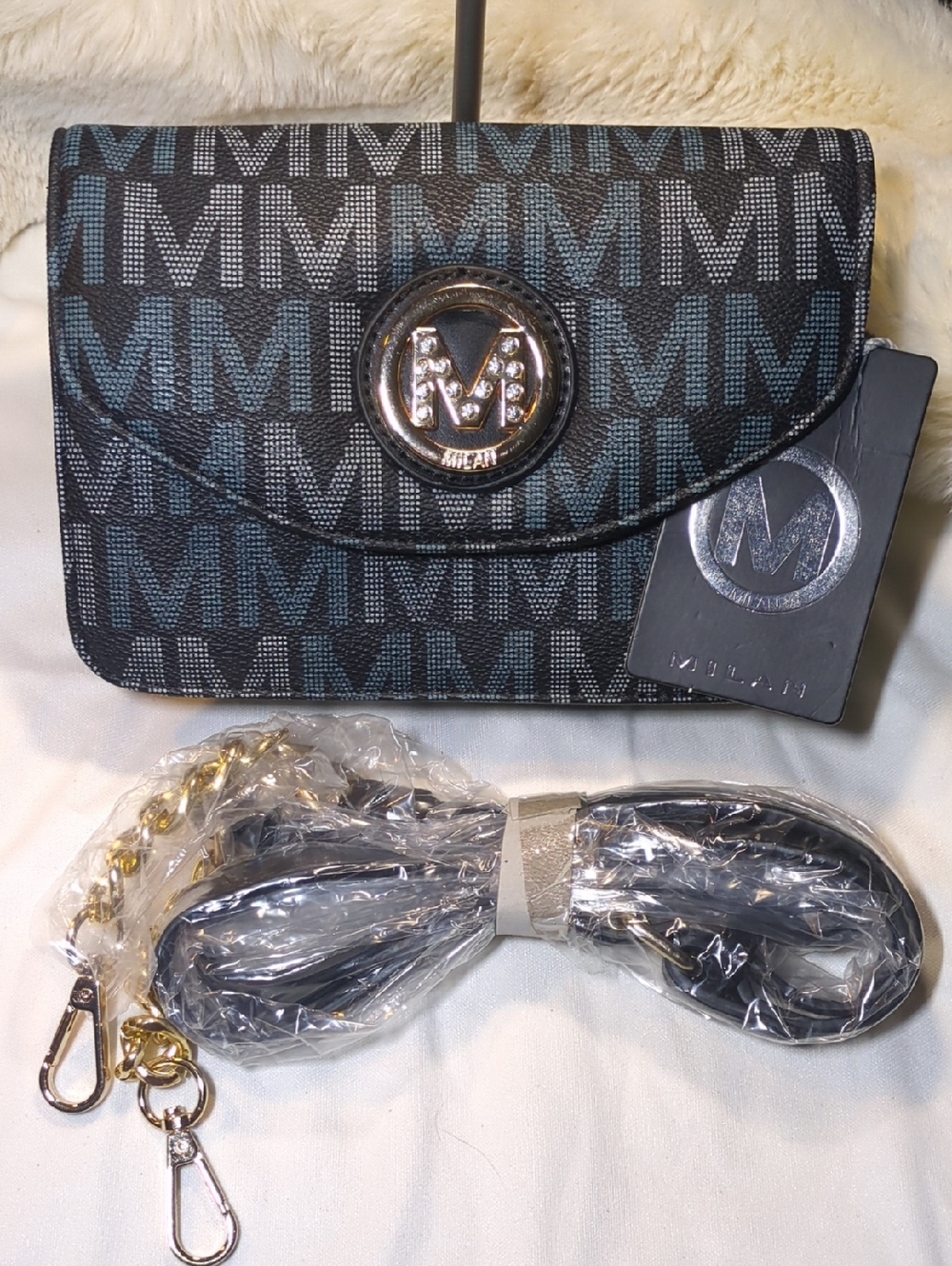 Milan Black & Blue Monogram Crossbody Bag with Gold Accents NOW ONLY $25
